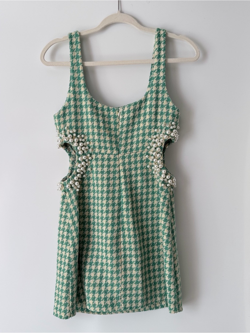 4SI3NNA Green and Cream Houndstooth Pearl-Trim Mini Dress